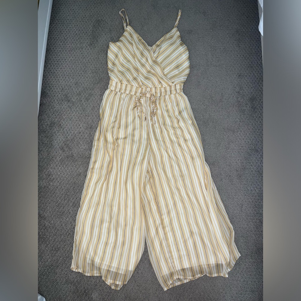 Francesca’s Yellow Stripe Sleeveless Midi Jumpsuit